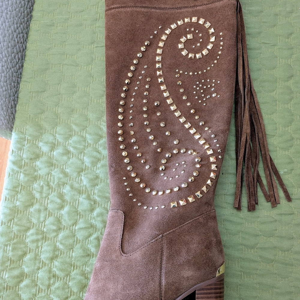 Brown Suede Knee-High Boots with Studded Design